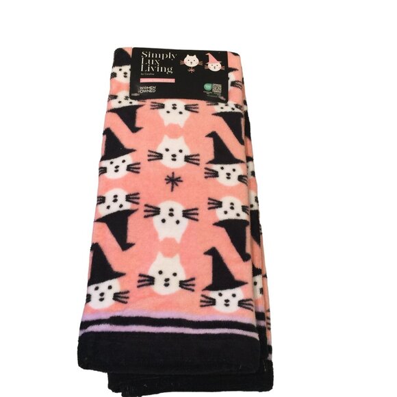 Halloween Pink White Witch Cats Kitchen Towels Set of 2 100% Cotton - Picture 1 of 5